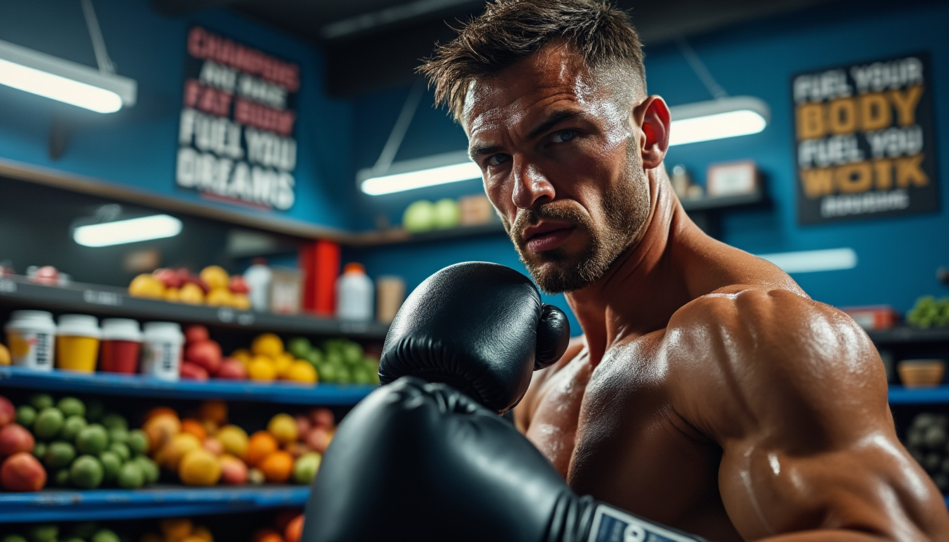 Un boxeur en garde devant un rayon de fruits, de légumes et de boissons.
