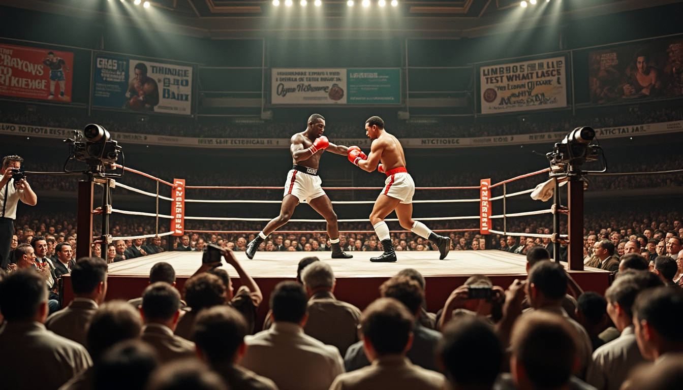 Combat sur un ring filmé par des caméras anciennes devant un public en costume.