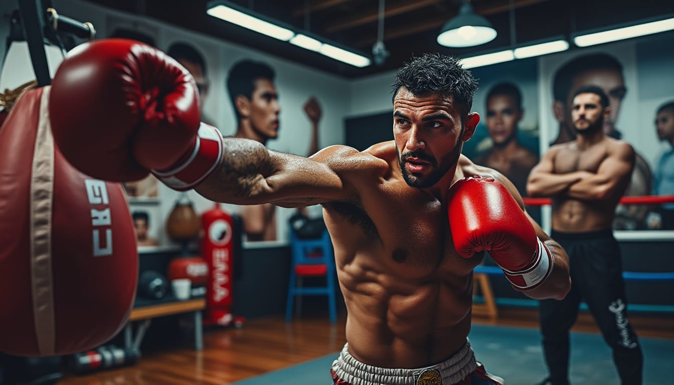 Un boxeur lance un direct vers l'objectif, d'autres pratiquants derrière lui.