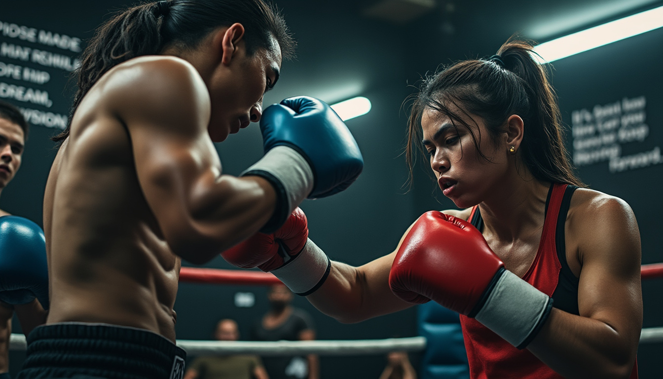 Un boxeur et une boxeuse s'affrontent en sparring, gants bleus et rouges.