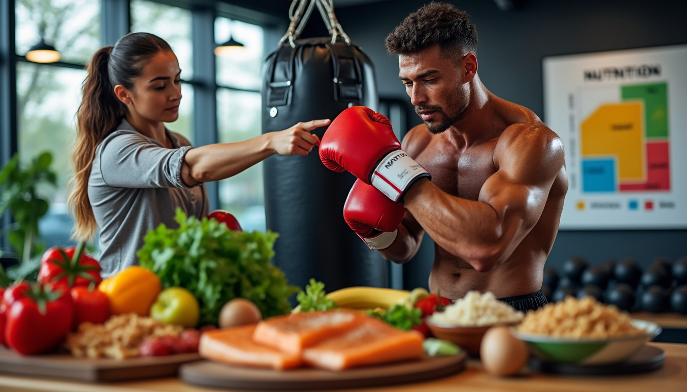 Un boxeur en gants rouges au-dessus d'une table garnie de légumes, de poisson et de céréales, une accompagnatrice à ses côtés.