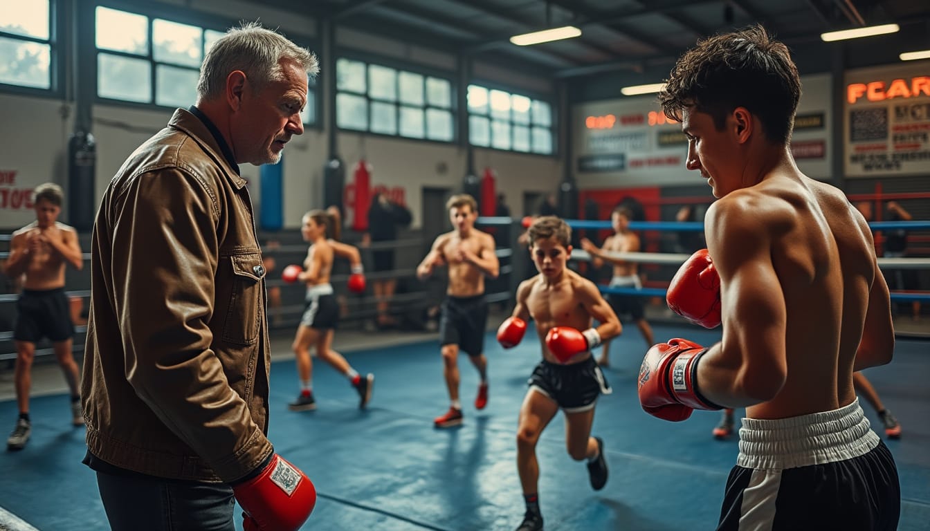 Un entraîneur observe de jeunes boxeurs à l'échauffement dans une salle.
