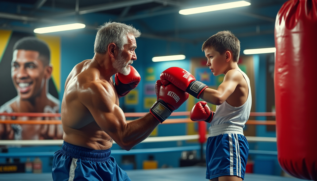 Un entraîneur âgé travaille la garde avec un jeune garçon ganté sur un ring.