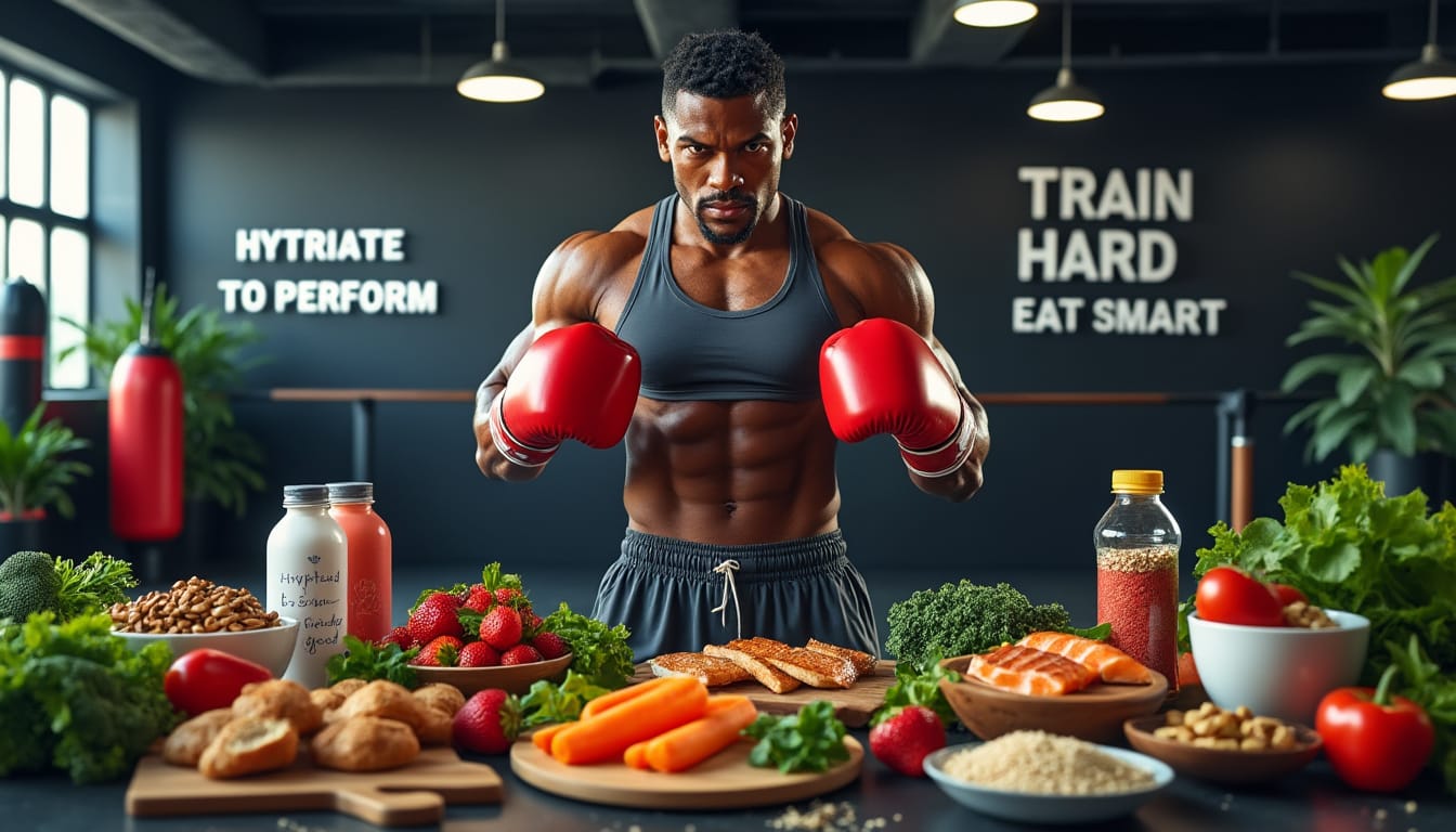 Un boxeur en garde derrière une table couverte de fruits, de légumes et de laitages.