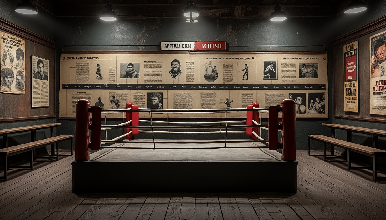 Salle de boxe déserte : ring central, bancs de bois, coupures de presse encadrées.