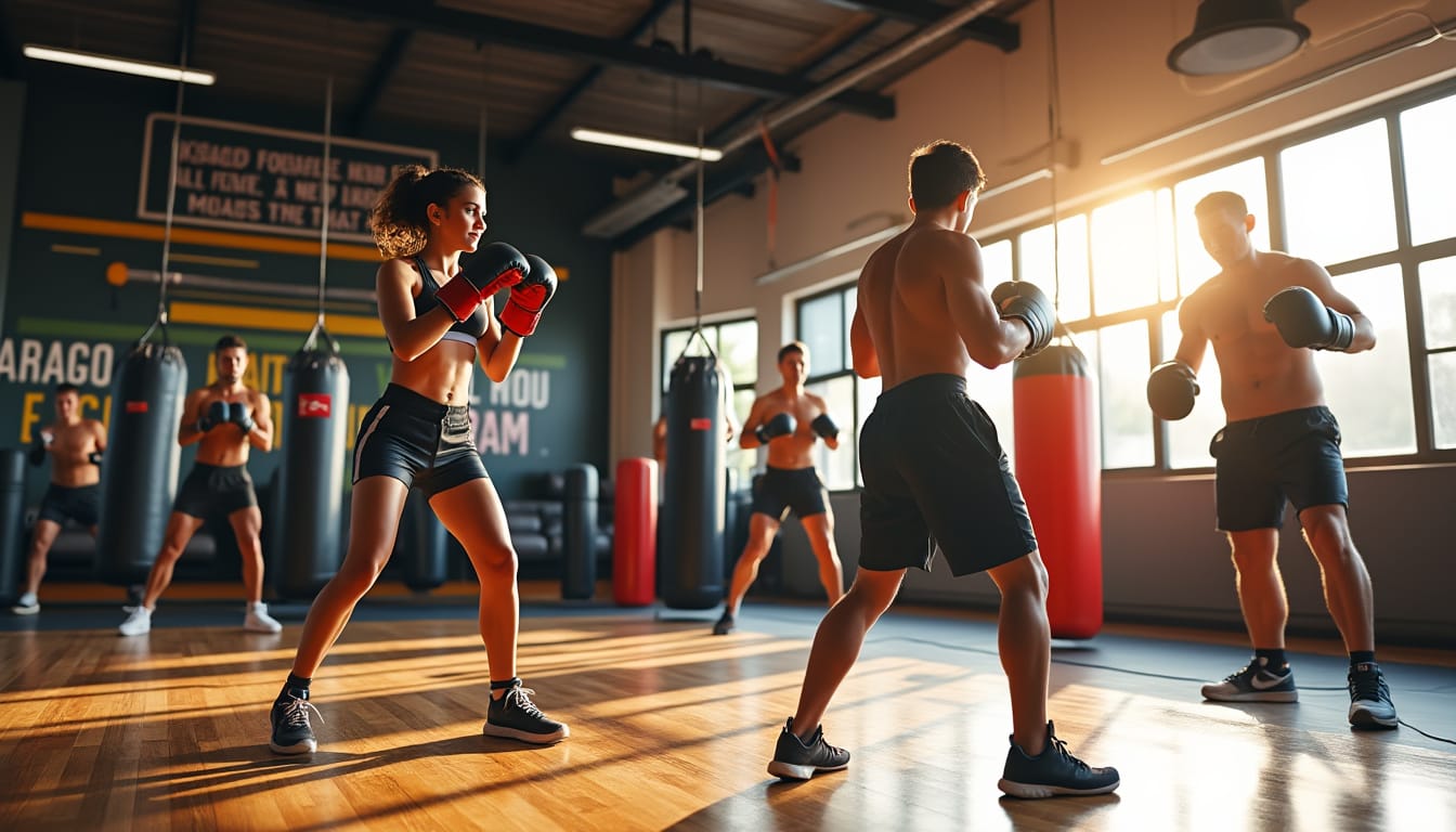 Cours collectif de boxe dans une salle lumineuse, pratiquants en garde par binômes.