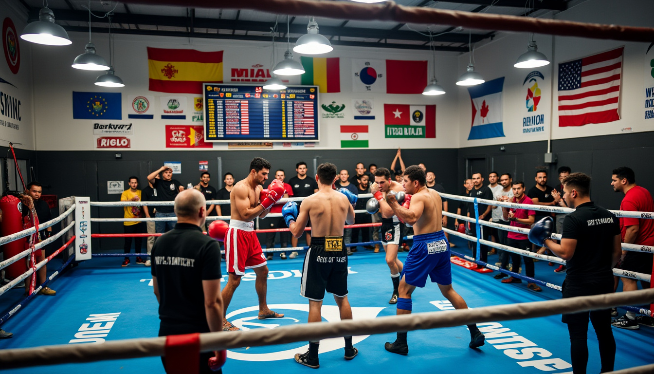 Compétition sur un ring bleu, officiels en tee-shirt noir, drapeaux nationaux au mur.