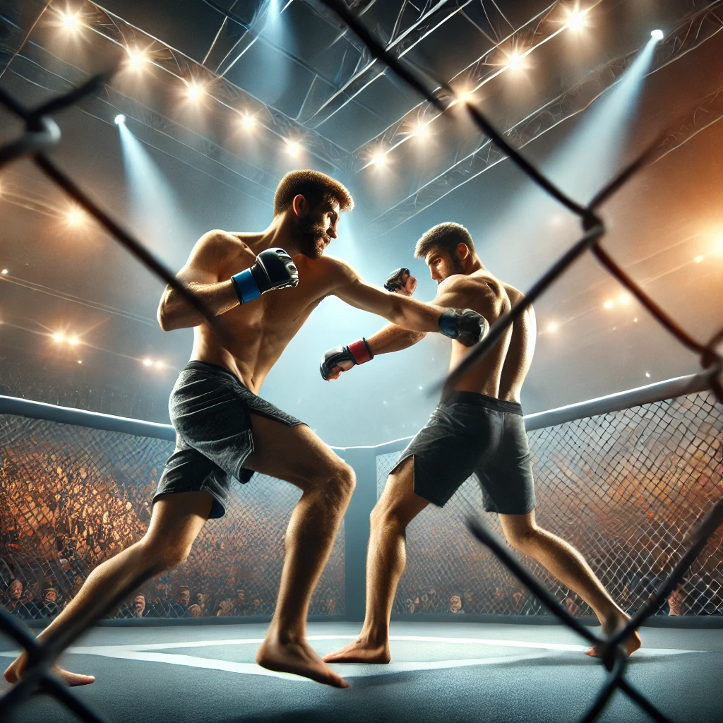 Deux combattants de MMA s'affrontent dans une cage octogonale sous les projecteurs.