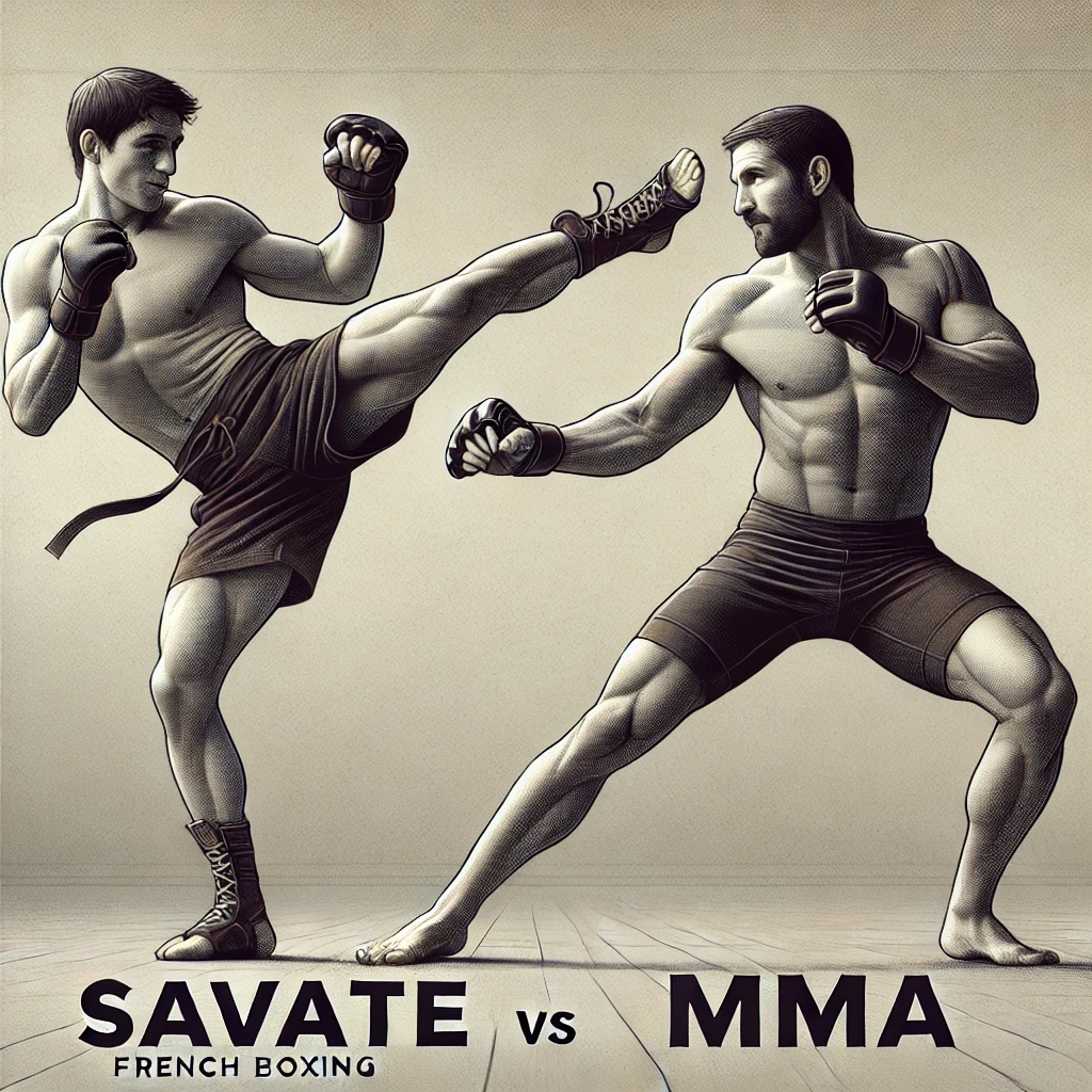 Illustration comparative : un tireur de savate lance un fouetté face à un combattant de MMA.