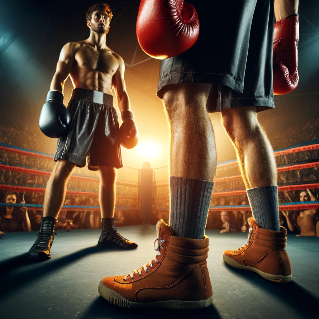 Illustration comparative : un boxeur anglais ganté face à un tireur de savate en chaussures de boxe française.