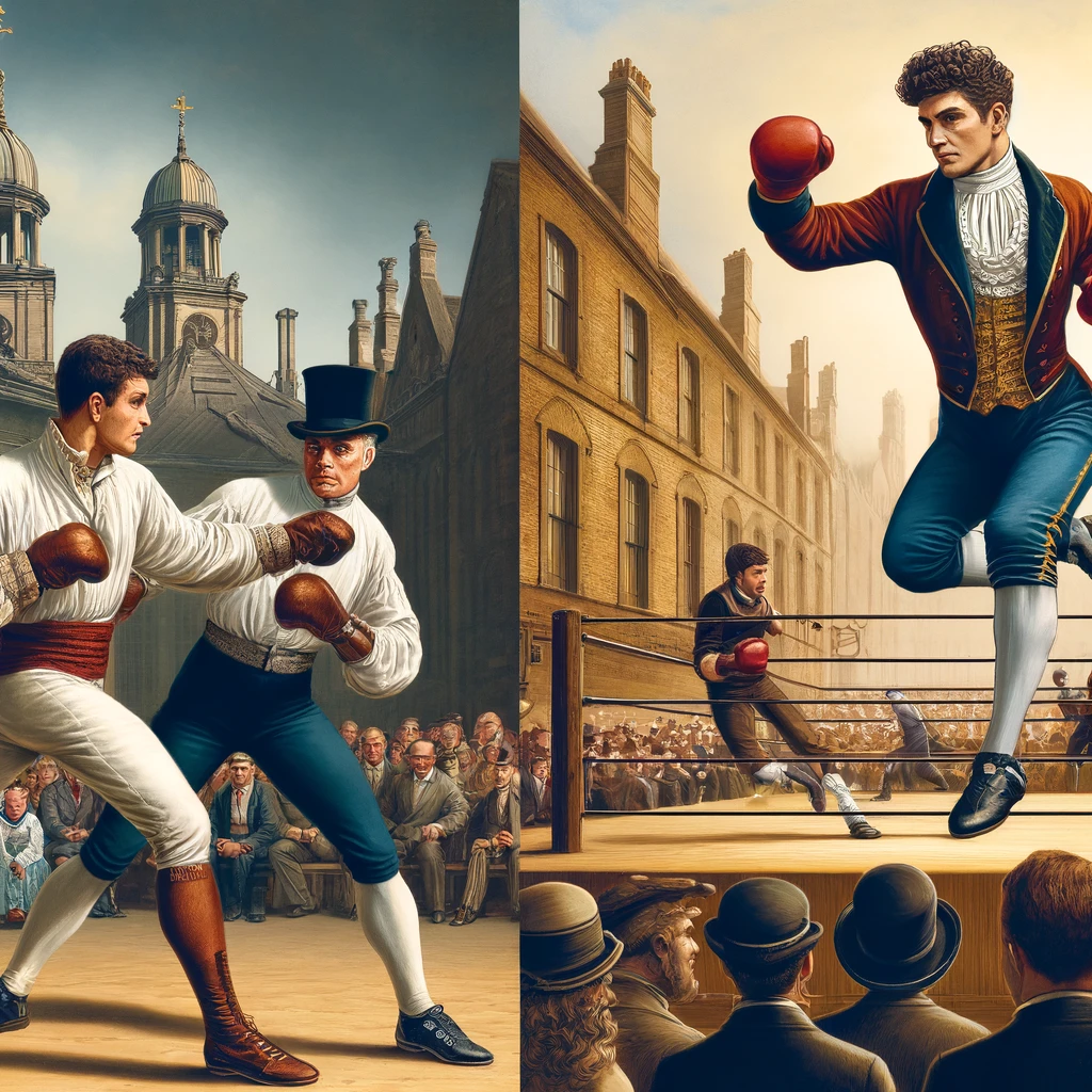 Scènes historiques montrant un boxeur anglais du XVIIIe siècle et un combattant de savate du XIXe siècle.