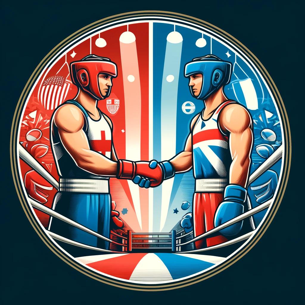 Illustration d'un gymnase de boxe avec des boxeurs anglais et des combattants de savate s'entraînant.