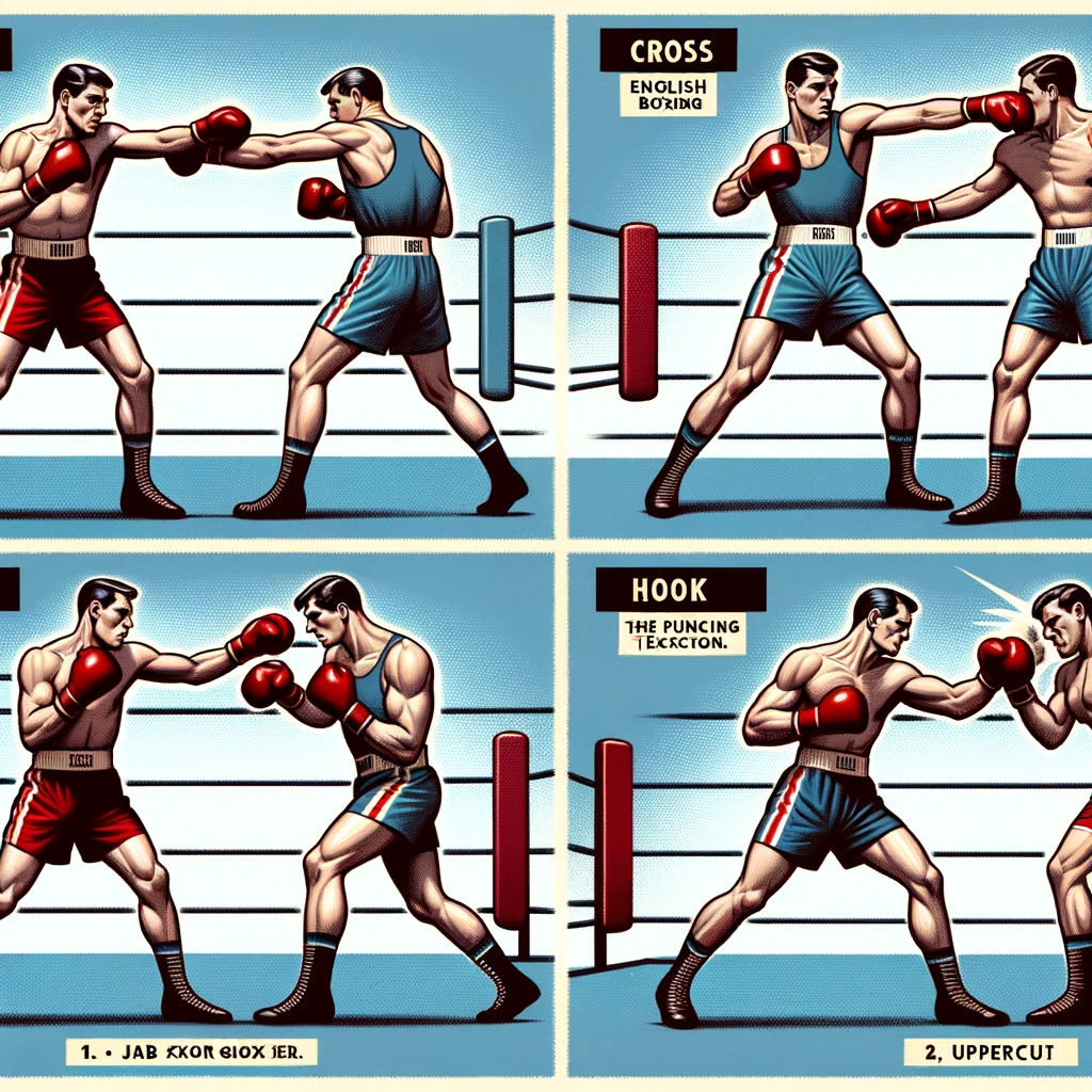  Illustration des différentes techniques de coups de poing en boxe anglaise avec des boxeurs en action sur un ring.