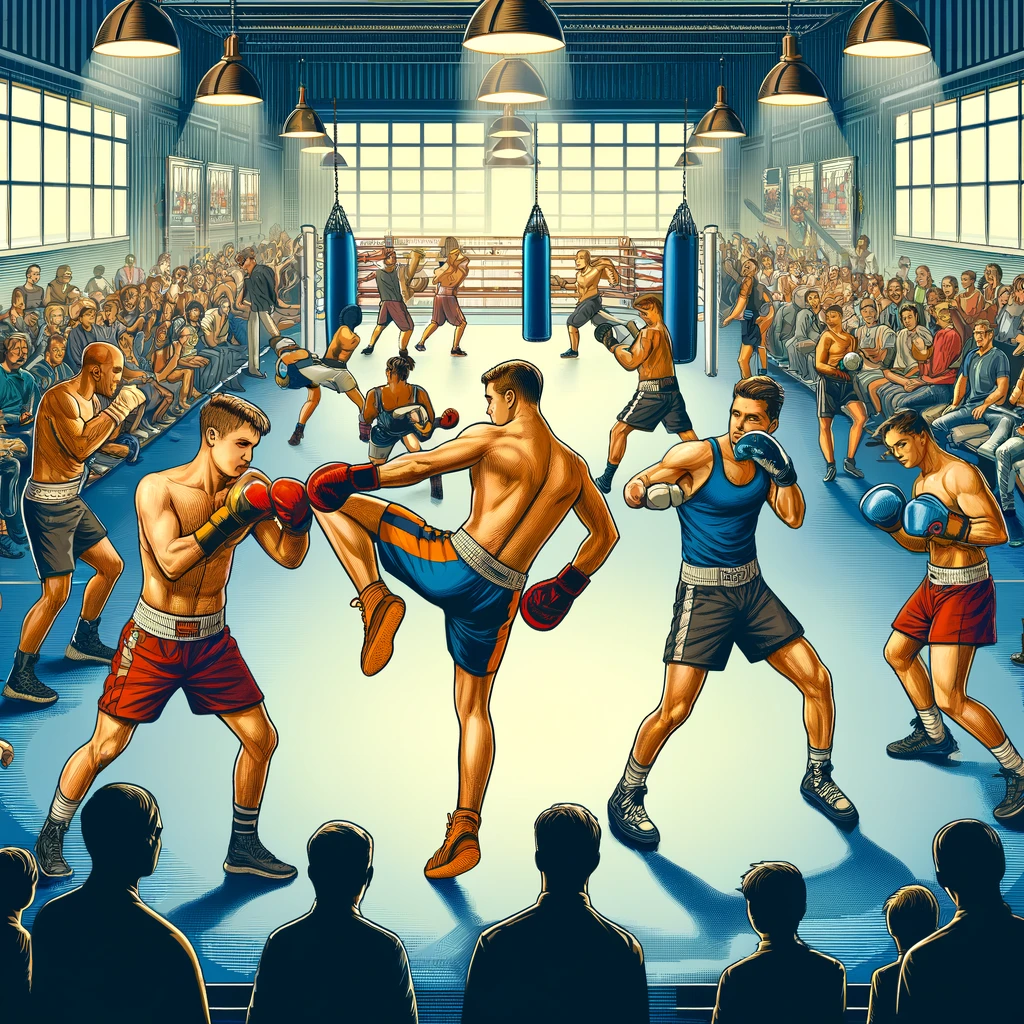  Illustration des techniques de coups de poing et de pied en savate, avec des combattants en tenue complète.