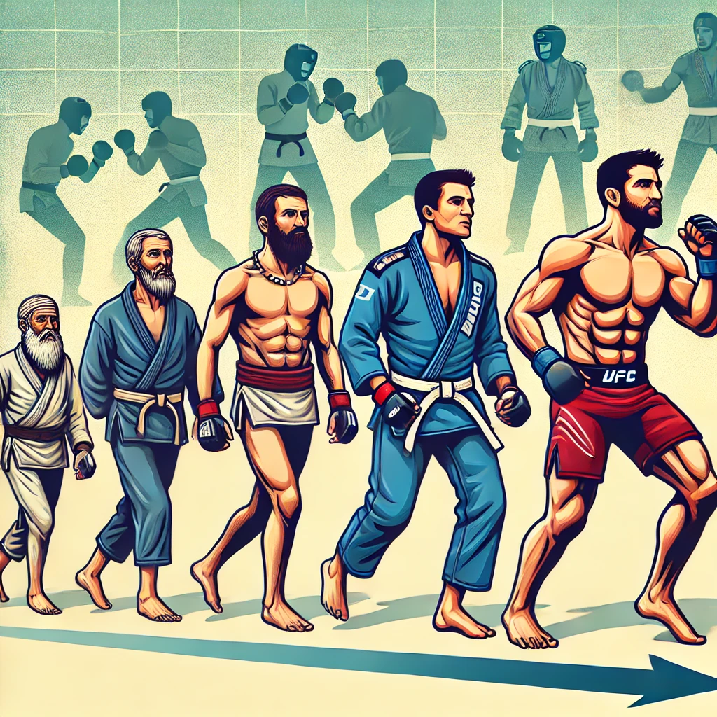 Illustration montrant l'évolution du MMA depuis ses origines jusqu'à aujourd'hui.