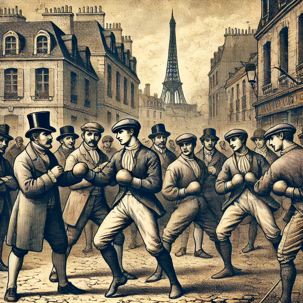 Une illustration montrant les racines de la boxe française au XIXe siècle à Paris.
